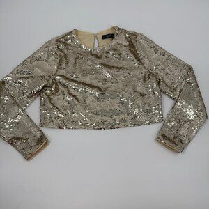 VICI Women Champagne Gold Sequin Long Sleeve Cropped Top Small Party Glam NYE